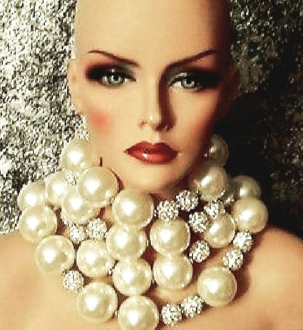Massive Oversized Faux Pearl & Rhinestone Ball Statement Choker Necklace