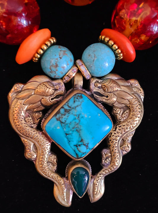 Exotic Beaded Tribal Necklace With Double Dragon Brass Pendant