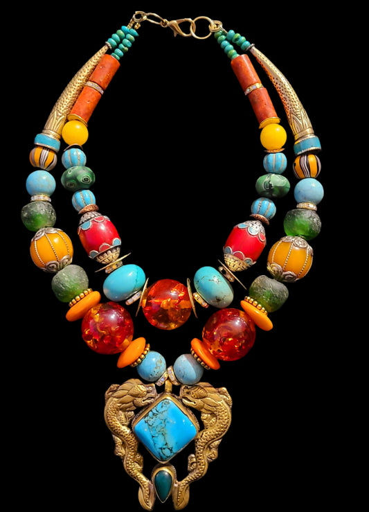 Exotic Beaded Tribal Necklace With Double Dragon Brass Pendant
