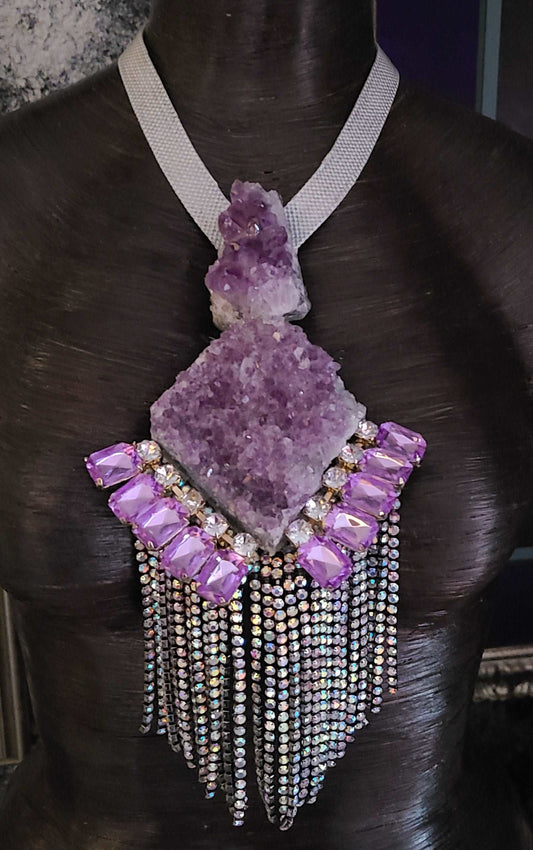 Art Deco Revival Rough Amethyst & Rhinestone Pendant, Lavender Crystal Avant Garde Chest Piece, Purple Gatsby Jewelry