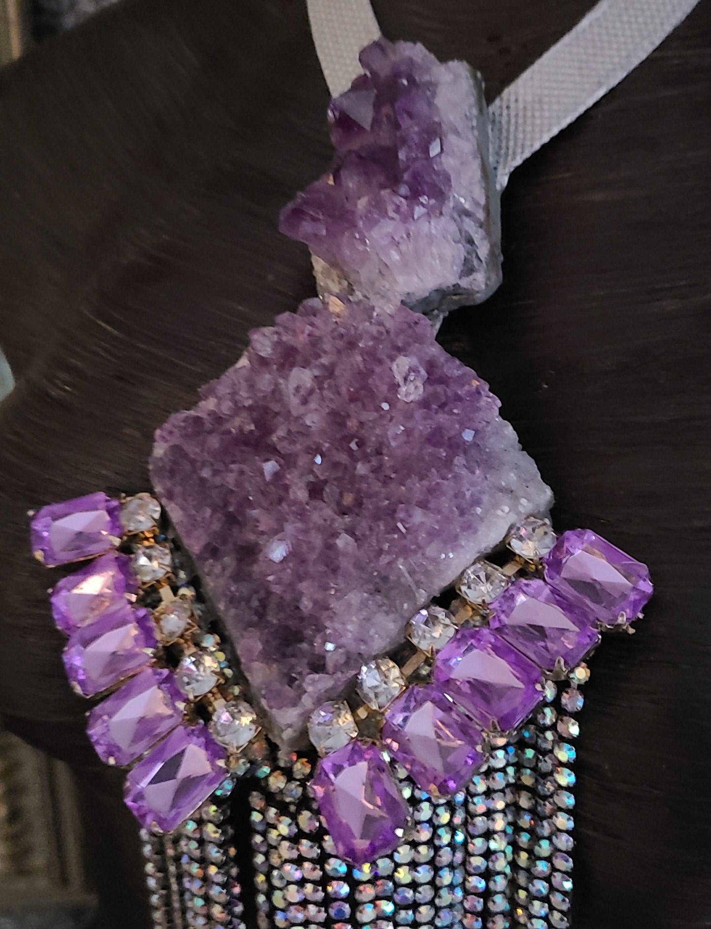 Art Deco Revival Rough Amethyst & Rhinestone Pendant, Lavender Crystal Avant Garde Chest Piece, Purple Gatsby Jewelry