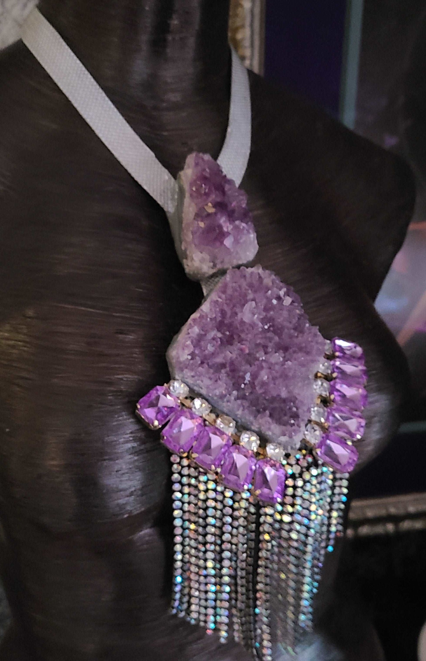 Art Deco Revival Rough Amethyst & Rhinestone Pendant, Lavender Crystal Avant Garde Chest Piece, Purple Gatsby Jewelry