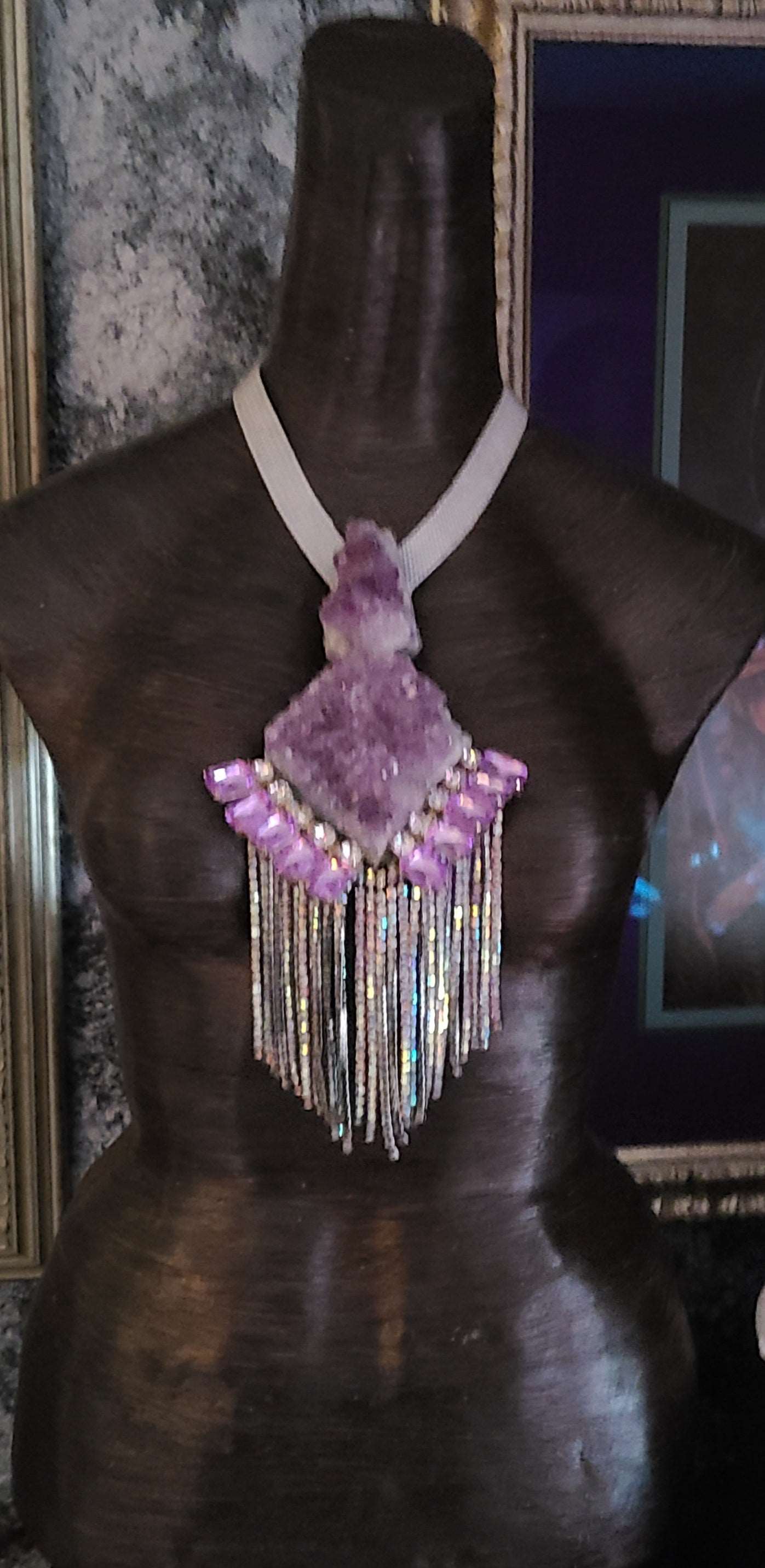 Art Deco Revival Rough Amethyst & Rhinestone Pendant, Lavender Crystal Avant Garde Chest Piece, Purple Gatsby Jewelry