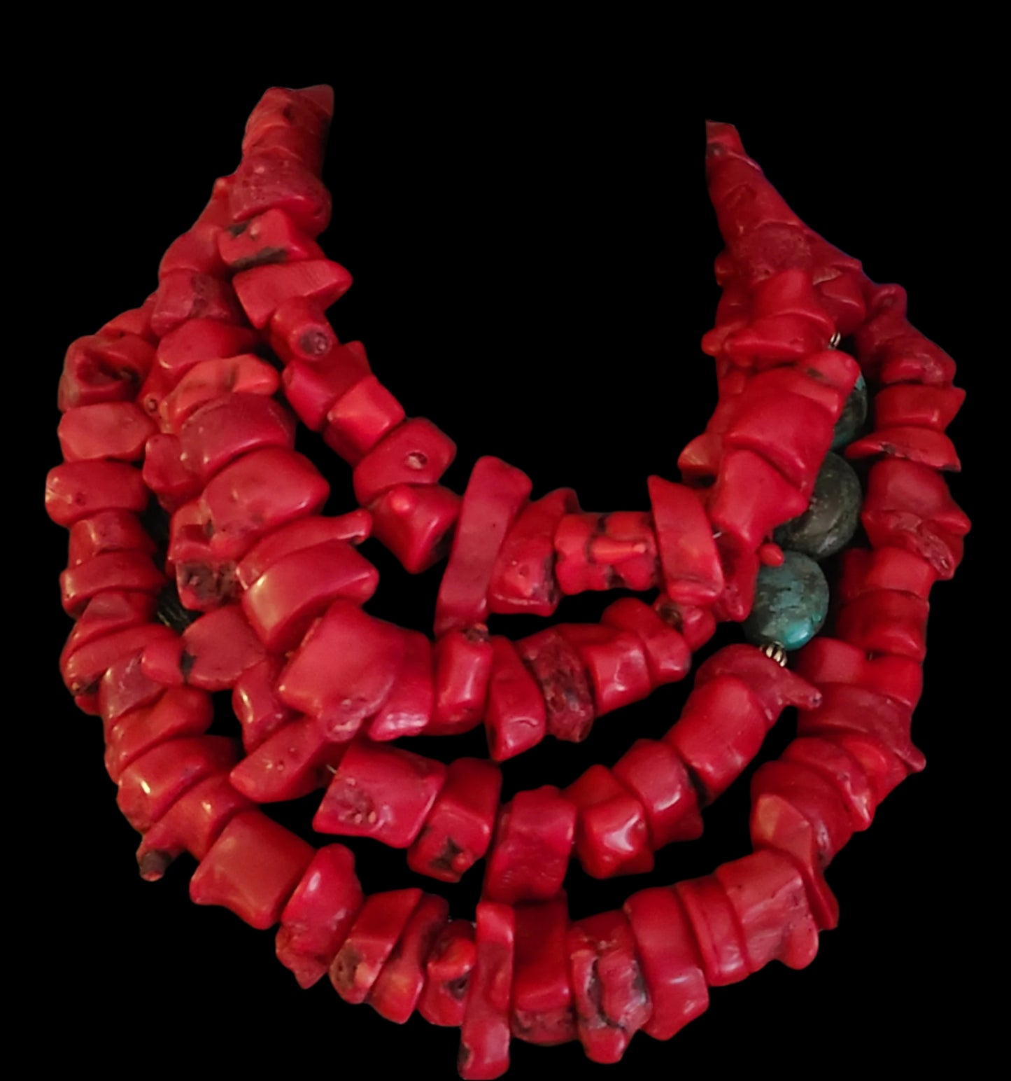 Multi Strand Chunky Red Coral Nugget & Hubei Turquoise Statement Necklace