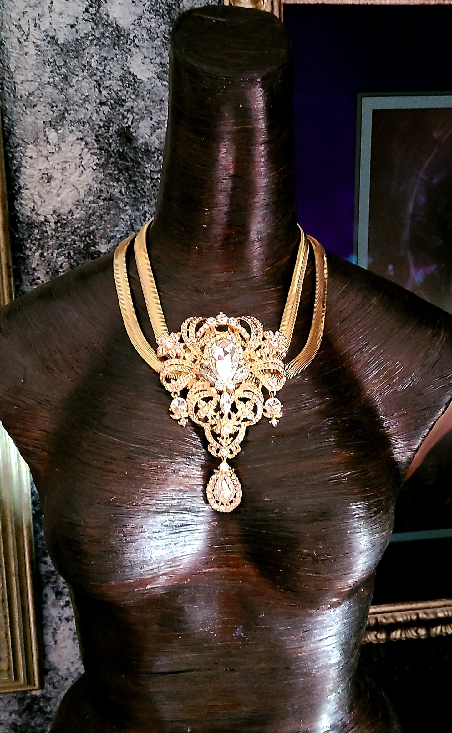 Art Deco Statement Necklace – Double Omega with Crystal Drop