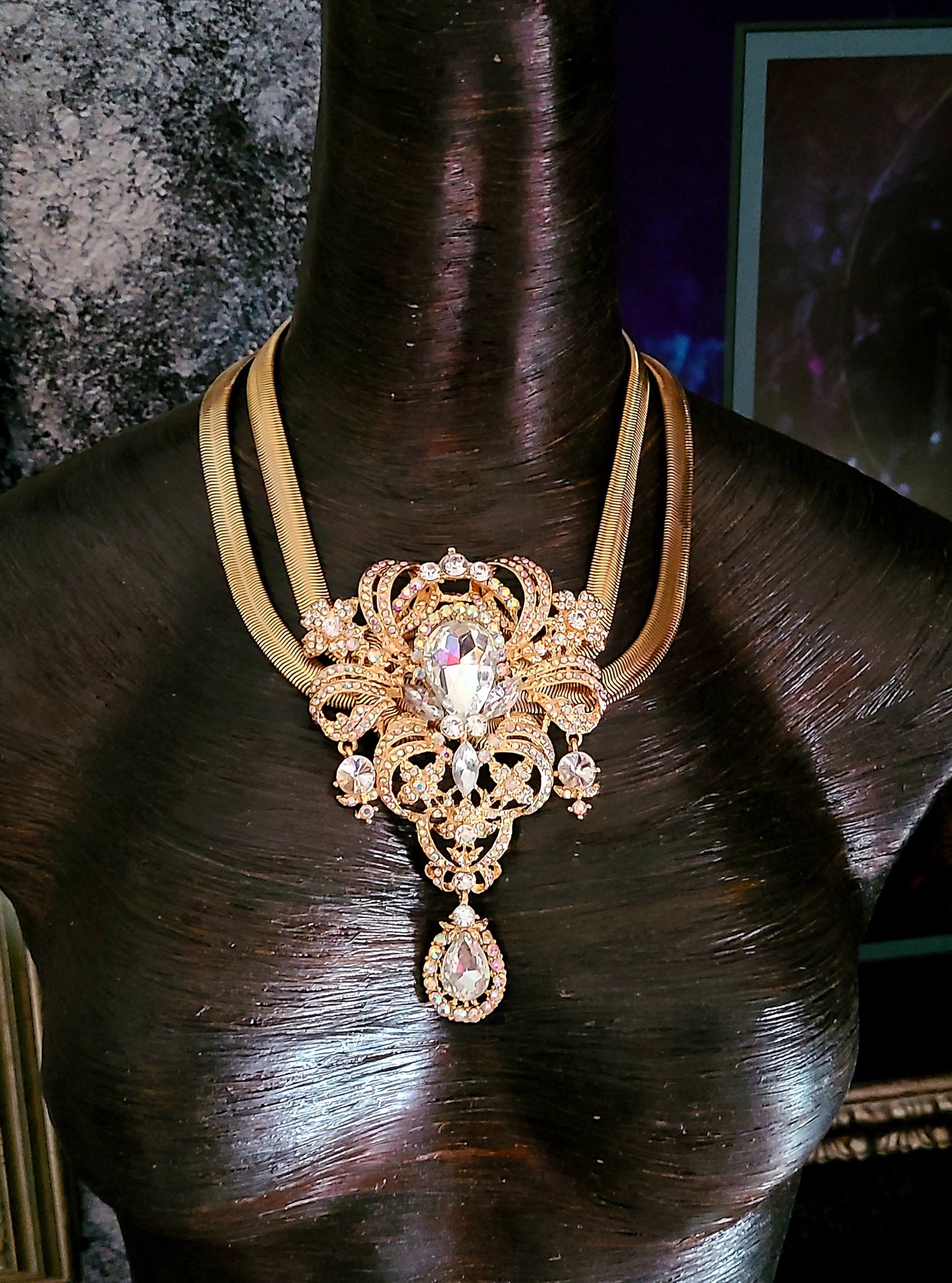 Art Deco Statement Necklace – Double Omega with Crystal Drop