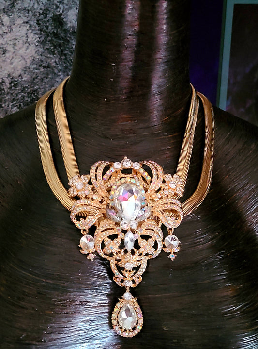 Art Deco Statement Necklace – Double Omega with Crystal Drop