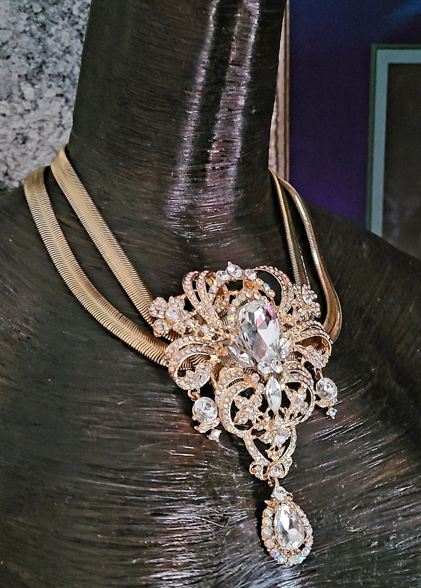 Art Deco Statement Necklace – Double Omega with Crystal Drop