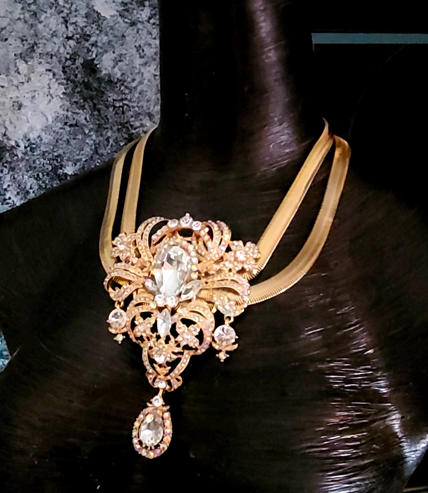 Art Deco Statement Necklace – Double Omega with Crystal Drop