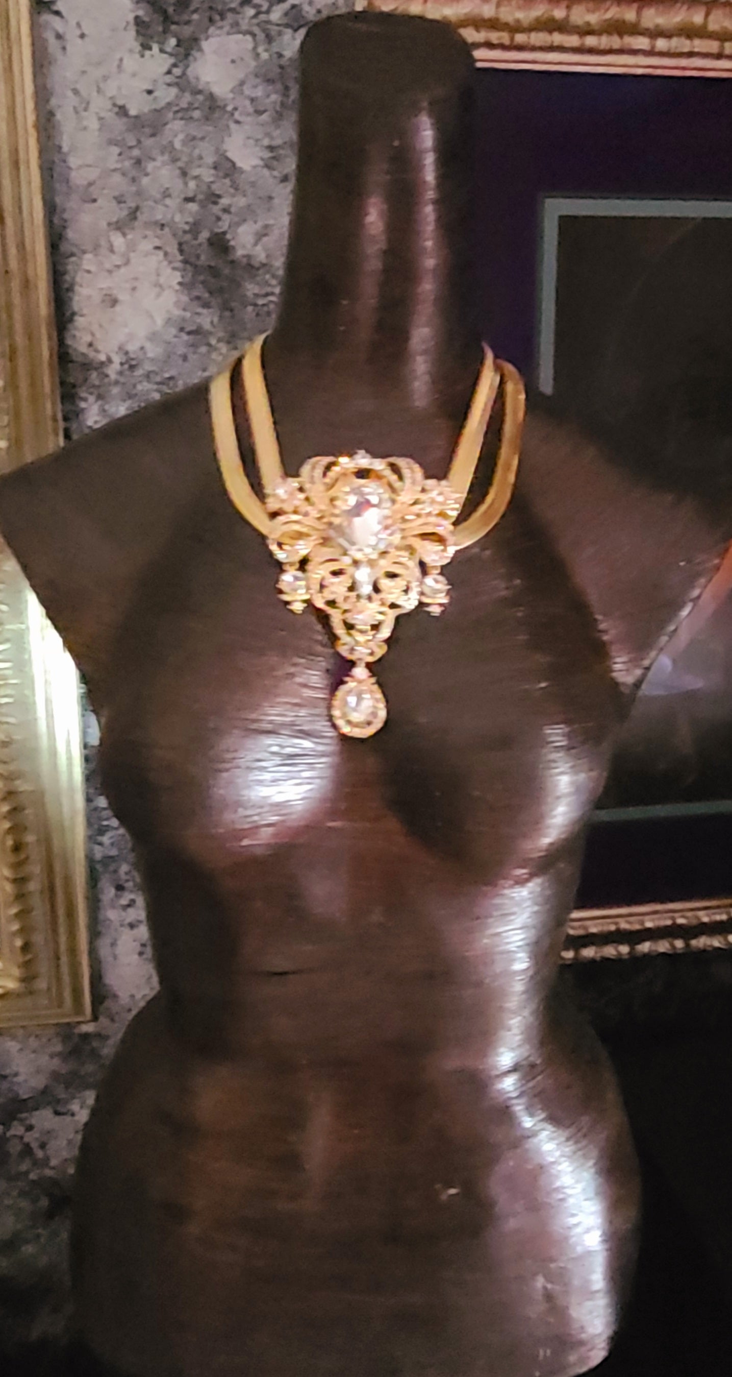 Art Deco Statement Necklace – Double Omega with Crystal Drop