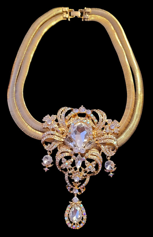 Art Deco Statement Necklace – Double Omega with Crystal Drop