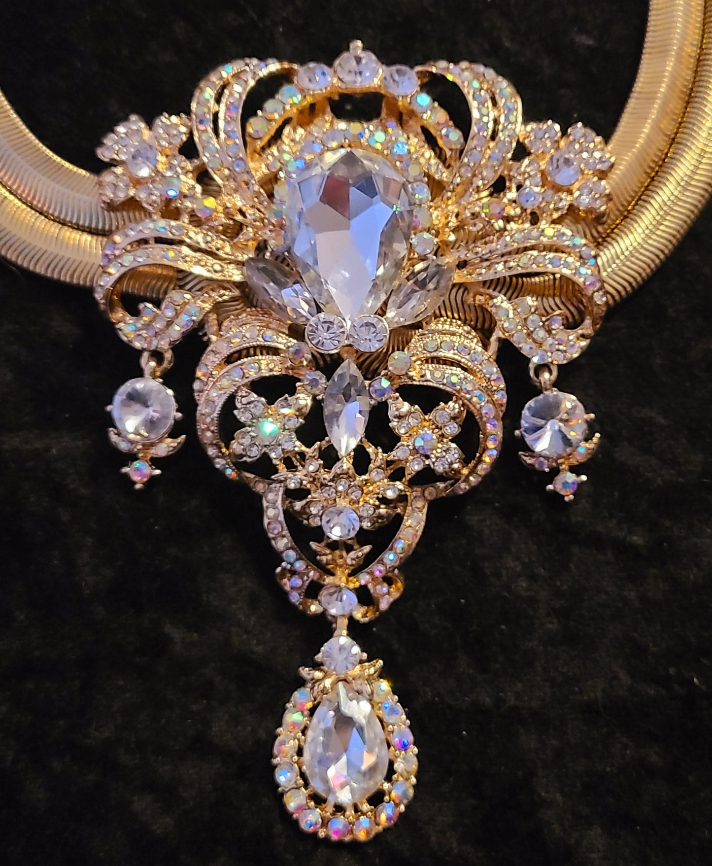 Art Deco Statement Necklace – Double Omega with Crystal Drop