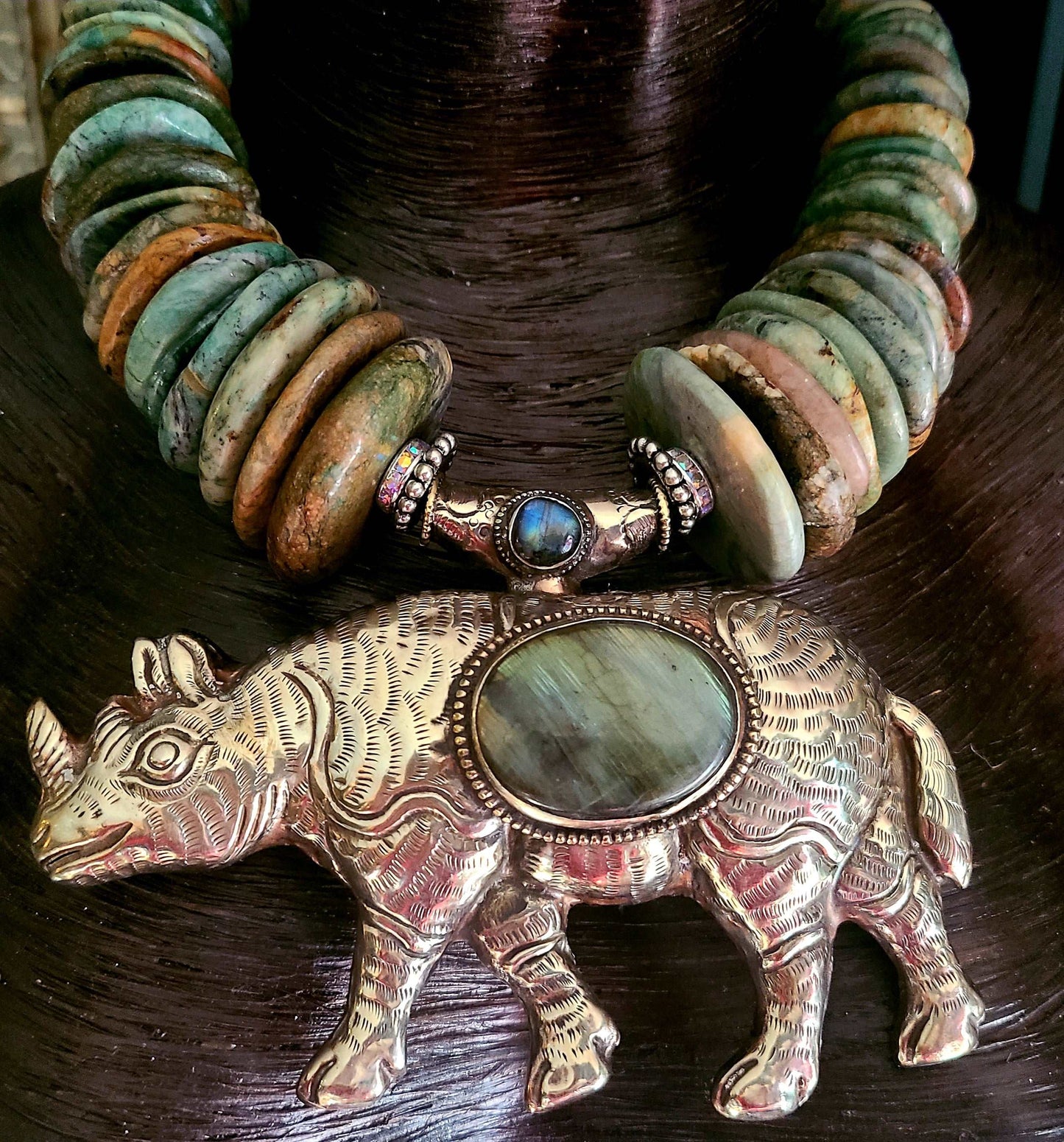 Bold Heavy Guatemalita Jade Disk Statement Necklace With Silver Repousse Rhinoceros Pendant