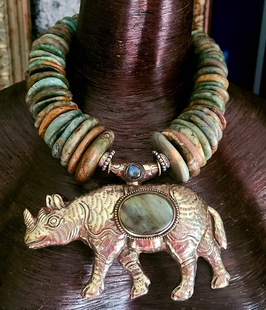 Bold Heavy Guatemalita Jade Disk Statement Necklace With Silver Repousse Rhinoceros Pendant