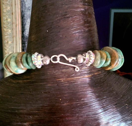 Bold Heavy Guatemalita Jade Disk Statement Necklace With Silver Repousse Rhinoceros Pendant