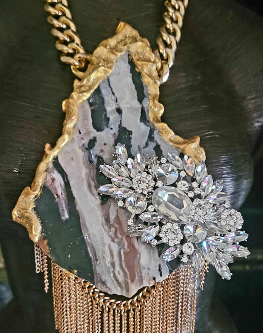 Avant Garde Zebra Jasper Slab & Rhinestone Chainmail Chest Piece, Art to Wear