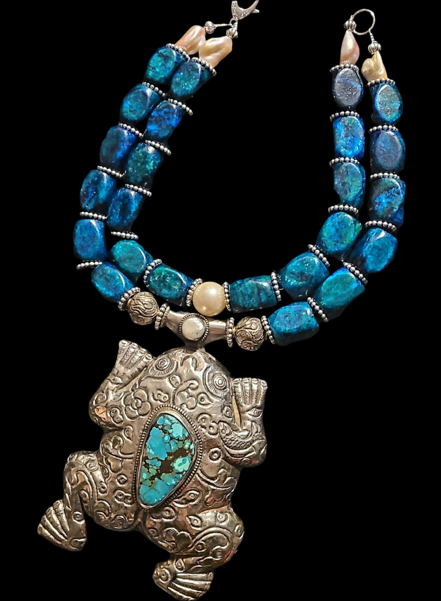 Double Strand Chrysocolla Beaded Necklace with Massive Oversized Frog Pendant