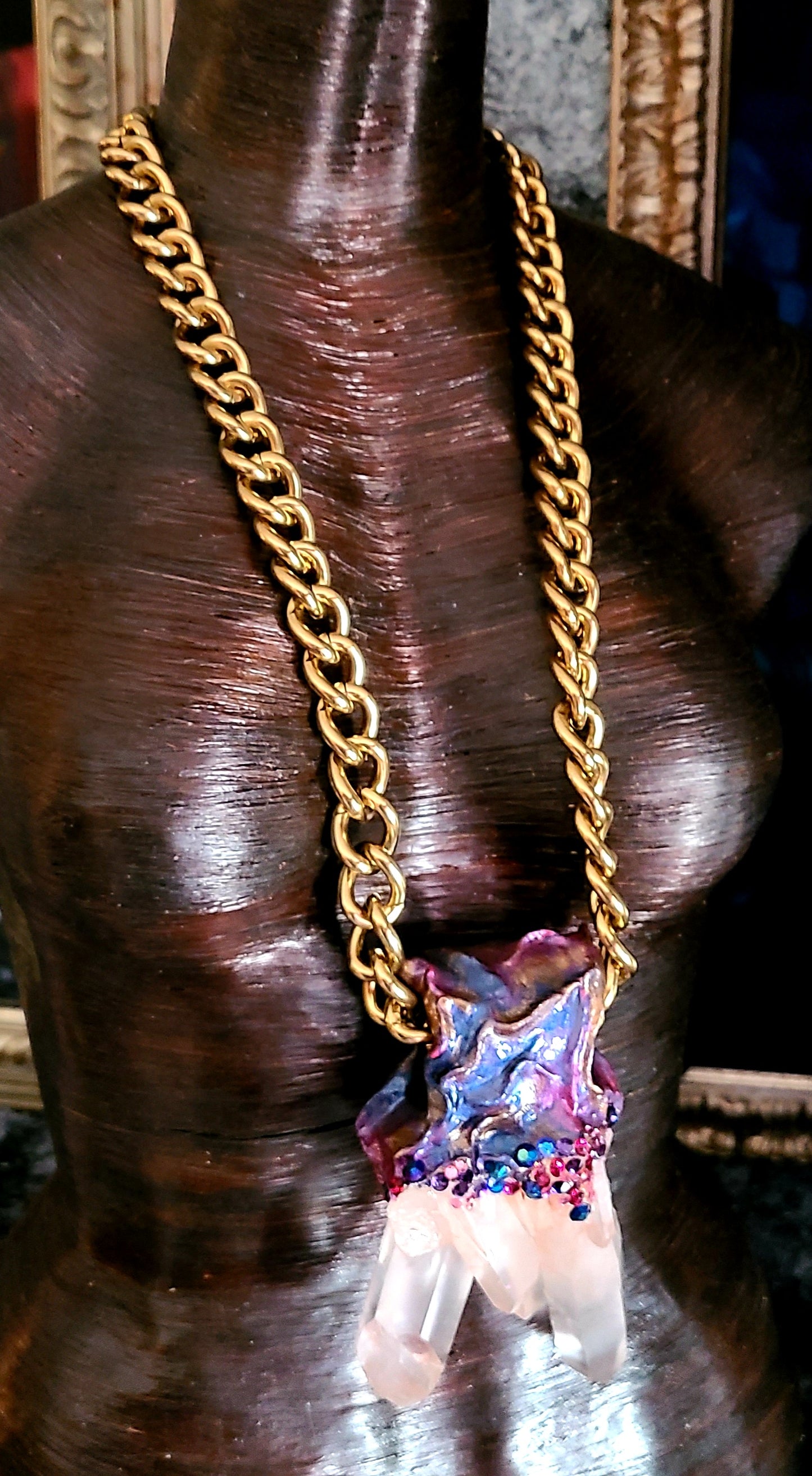 Gemstone Pendant Sculpted Quartz Pink Himalayan Rhinestone, Talisman G