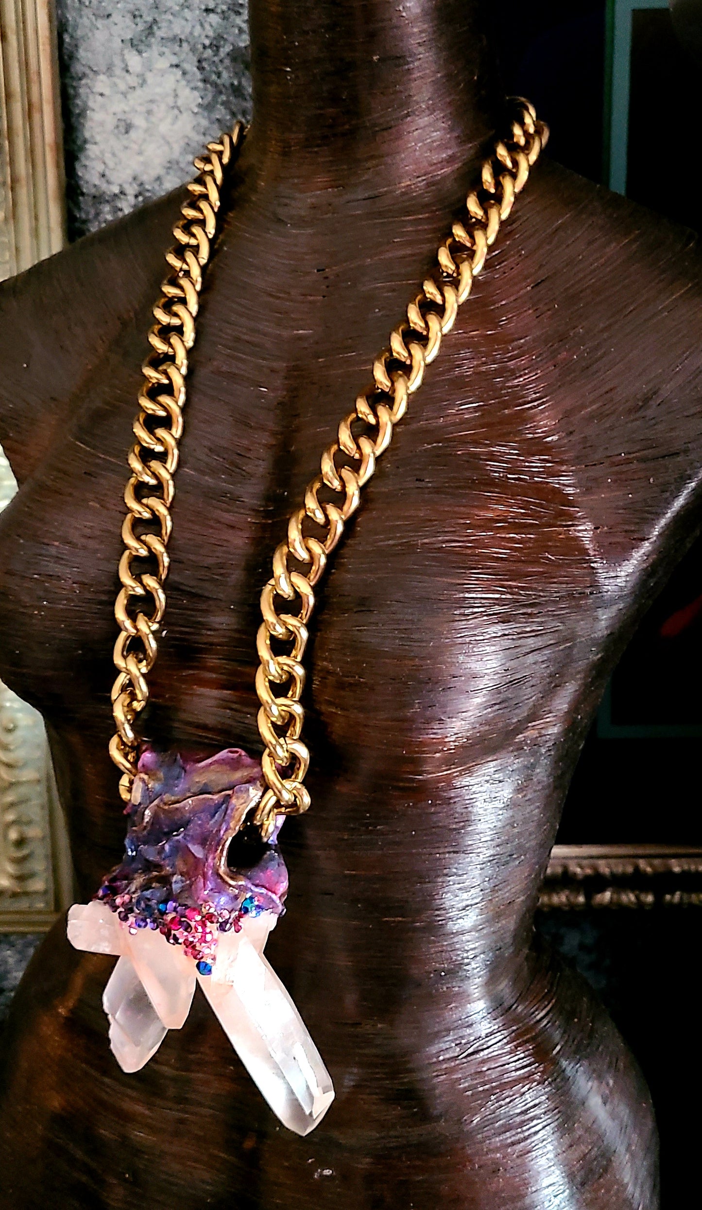 Gemstone Pendant Sculpted Quartz Pink Himalayan Rhinestone, Talisman G