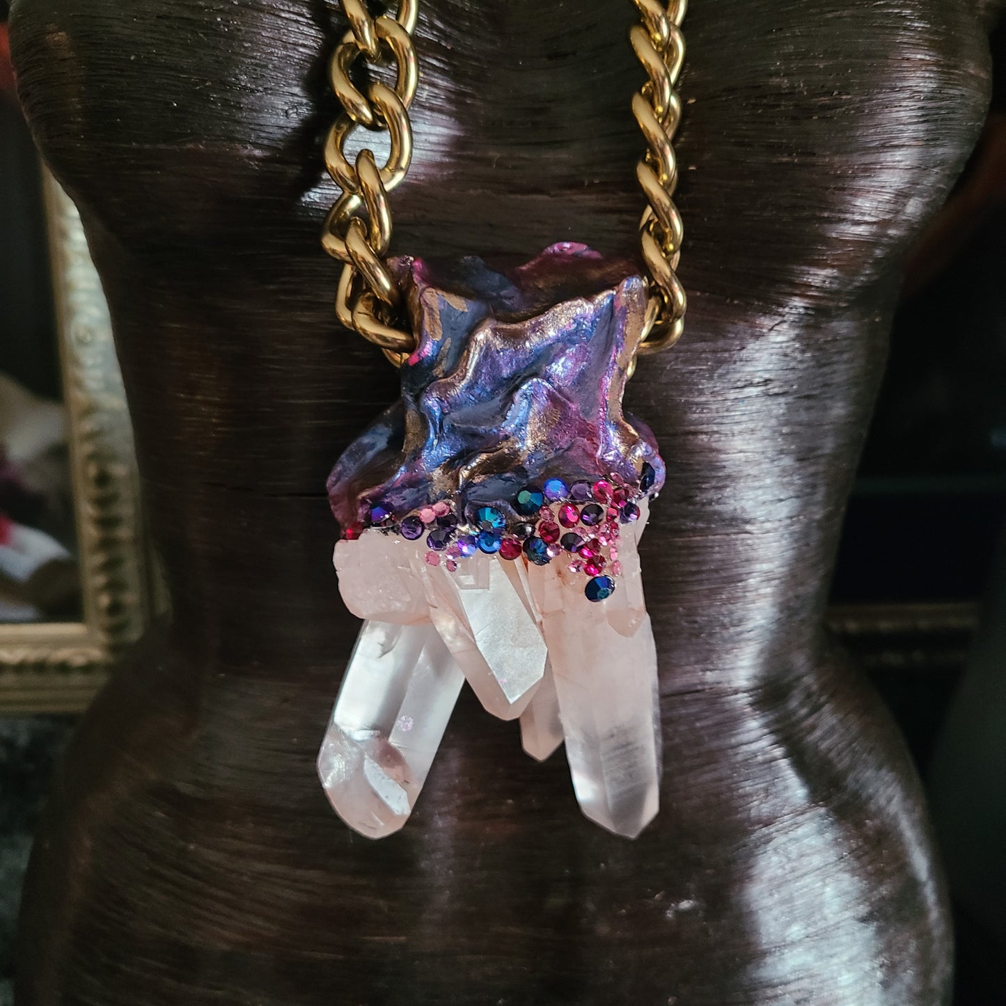 Rare Pink Himalayan Quartz & Rhinestone Sculpted Talisman - Bold Chain
