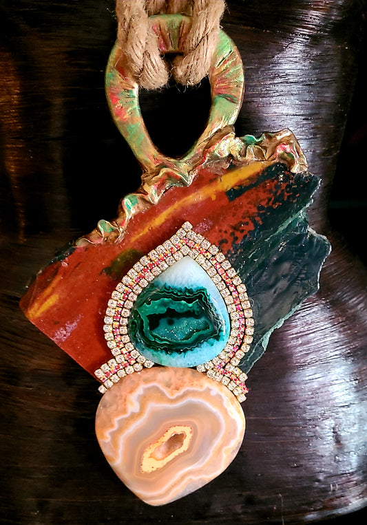 Jasper Slab Druzy Agate & Rhinestone Sculpted Gemstone Pendant, Mixed