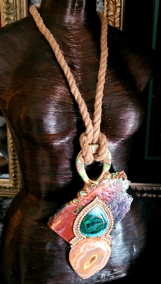 Jasper Slab Agate & Rhinestone Sculpted Gemstone Pendant - OOAK Boho