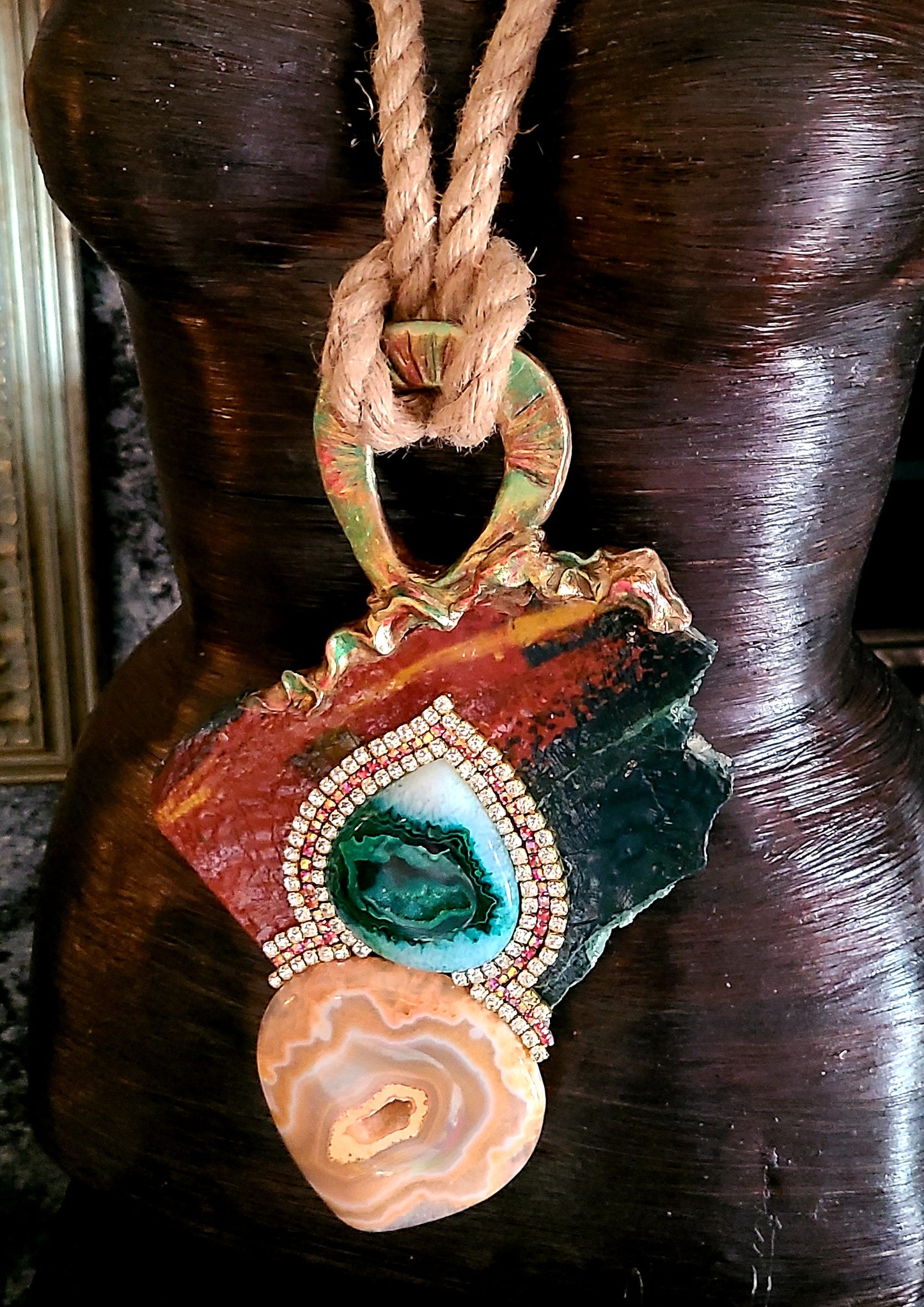 Jasper Slab Druzy Agate & Rhinestone Sculpted Gemstone Pendant, Mixed