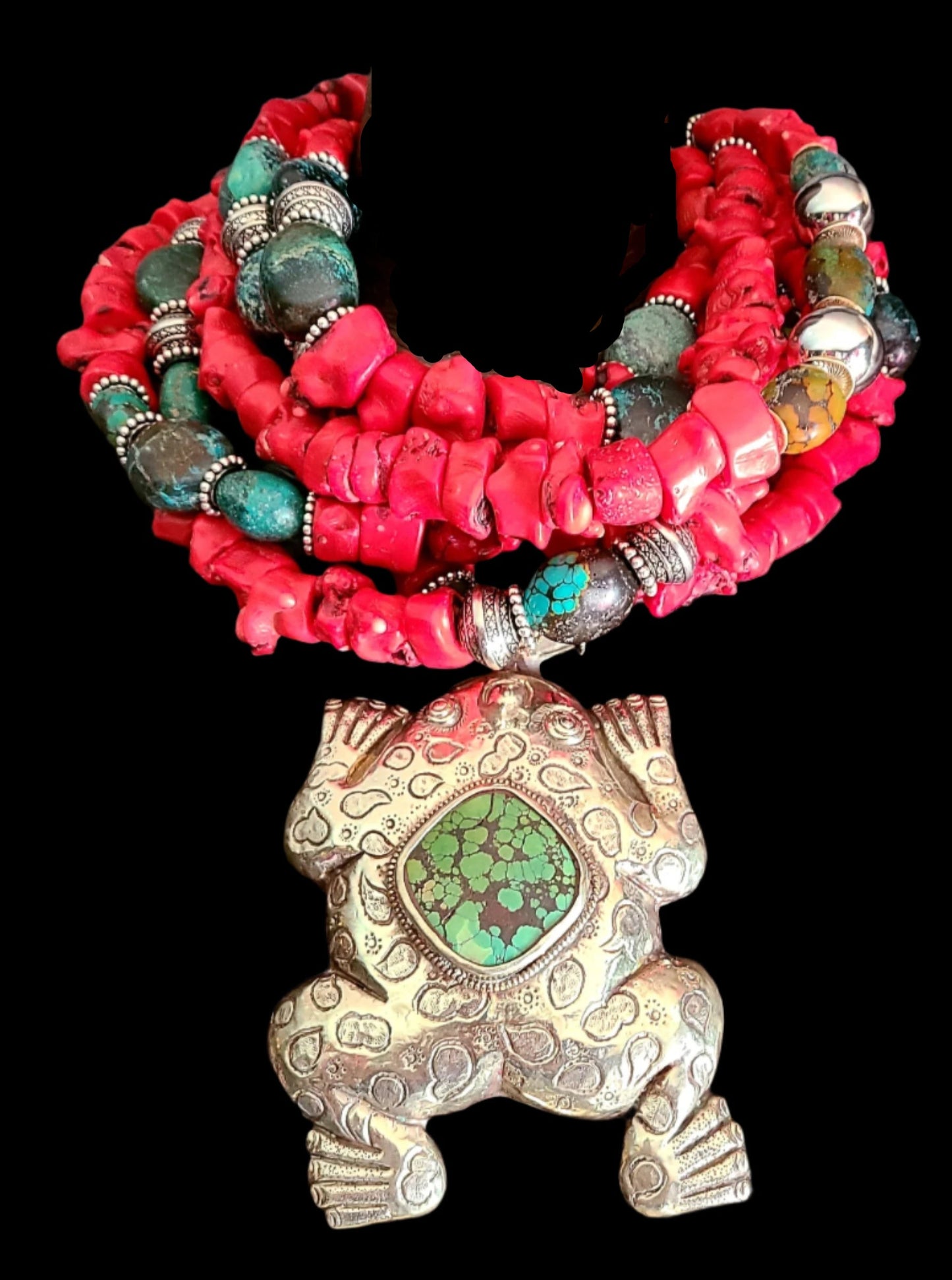 Red Coral & Turquoise Statement Luxury Necklace with Huge Frog Gemston