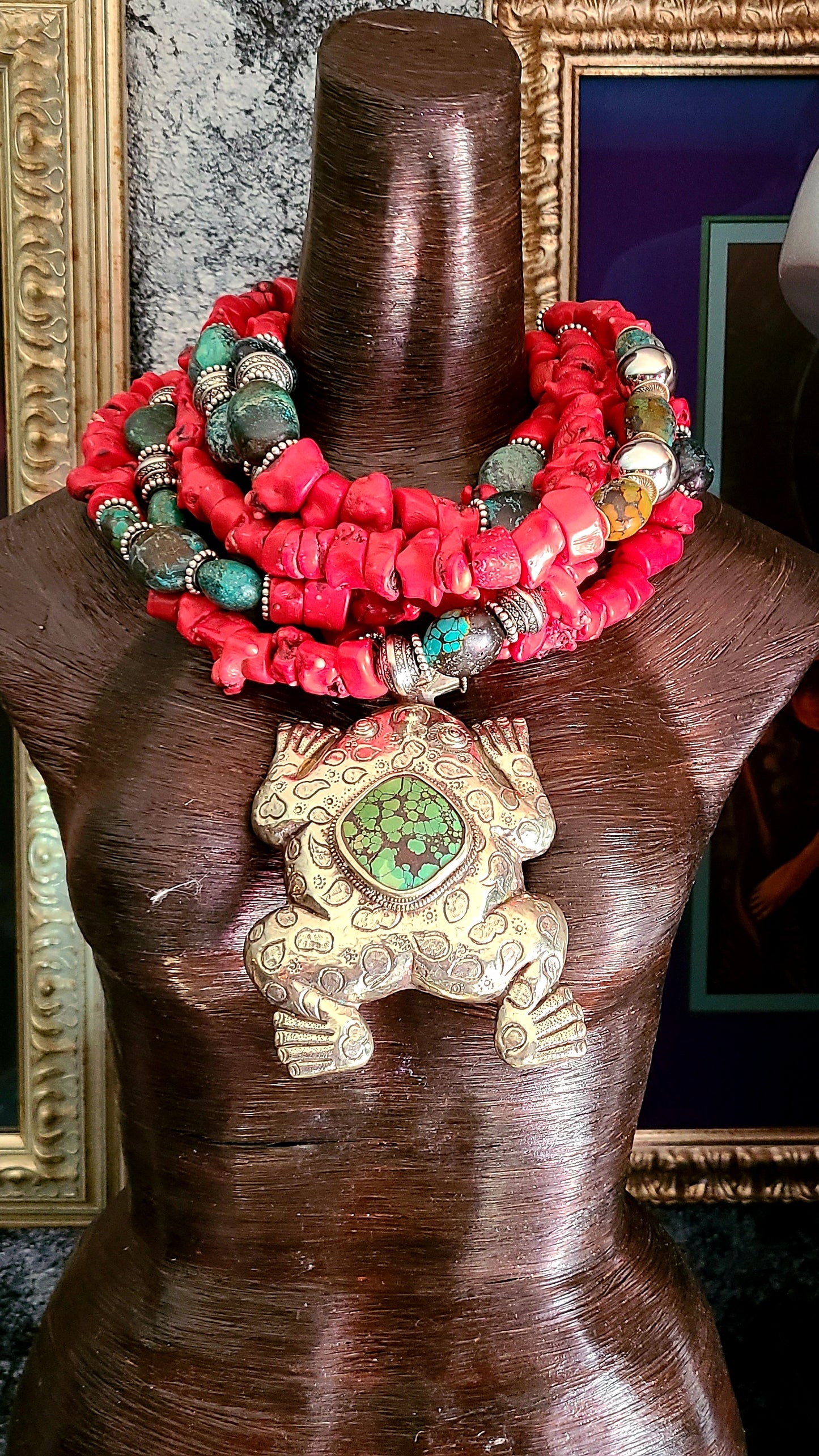 Red Coral & Turquoise Statement Luxury Necklace with Huge Frog Gemston