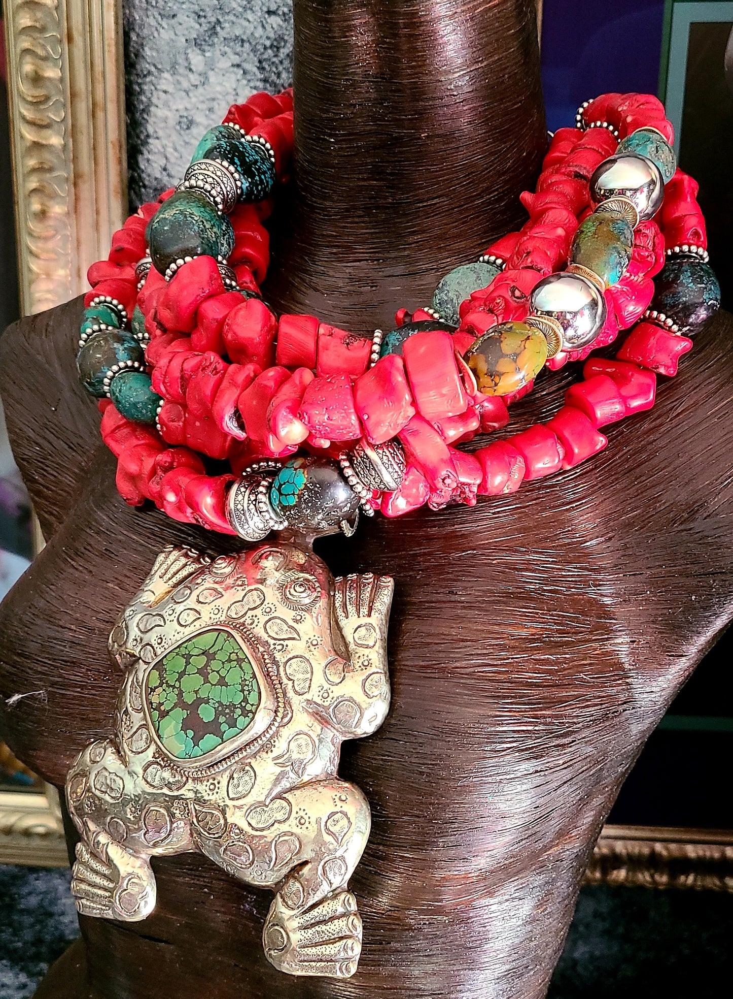 Red Coral & Turquoise Statement Luxury Necklace with Huge Frog Gemston