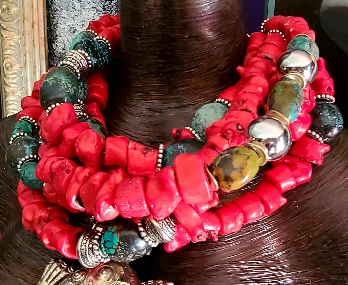 Red Coral & Turquoise Statement Luxury Necklace with Huge Frog Gemston
