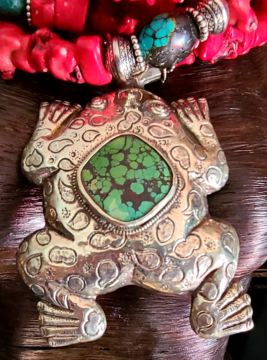 Red Coral & Turquoise Statement Luxury Necklace with Huge Frog Gemston
