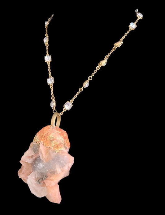 Apophyllite & Stilbite Sculpted Gemstone Pendant with Fancy Chain