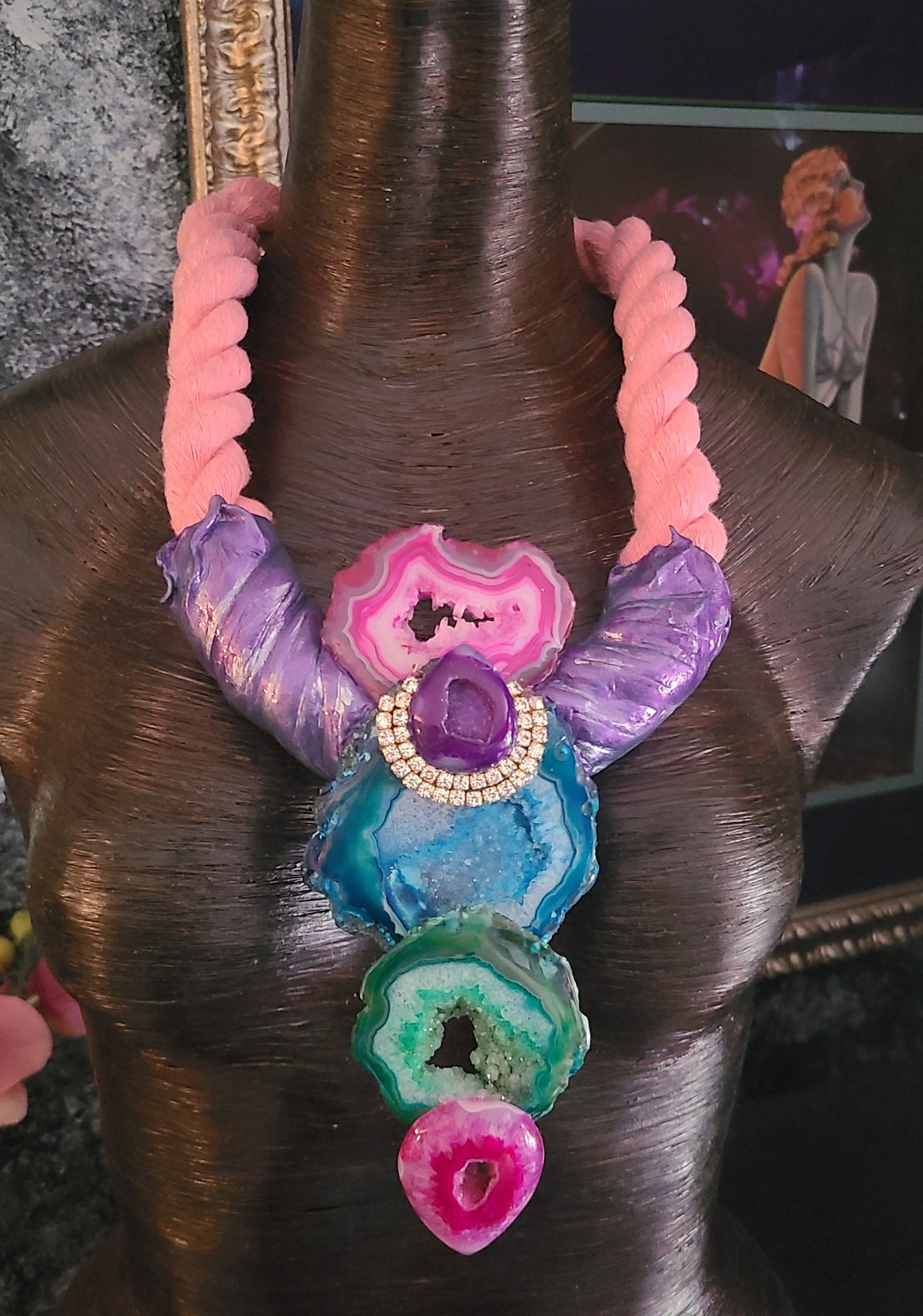 Jewel Tone Druzy Agate Sculpted Breastplate With Thick Rope
