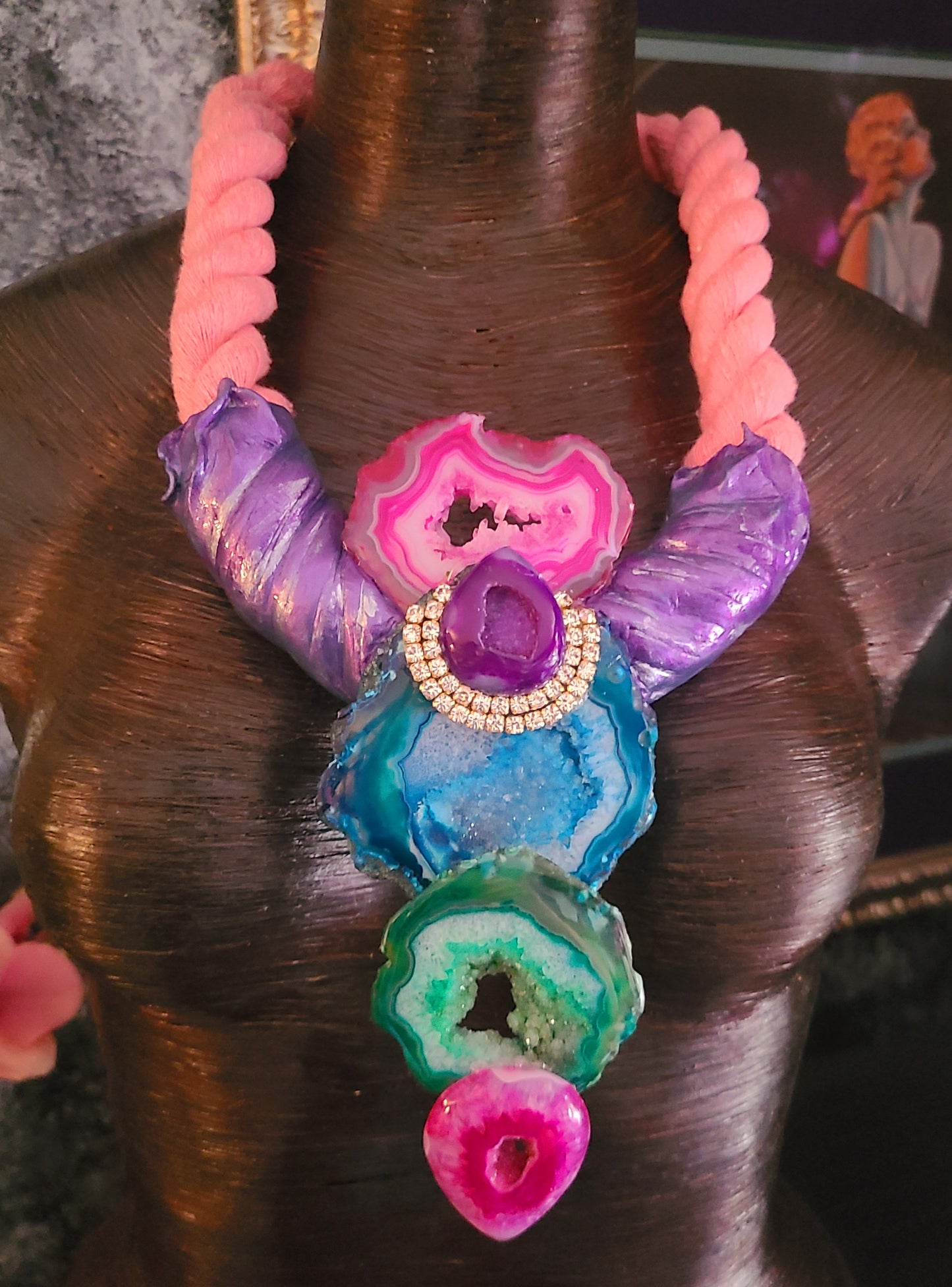 Jewel Tone Druzy Agate Sculpted Breastplate With Thick Rope