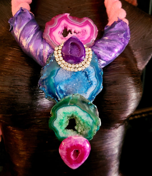 Jewel Tone Druzy Agate Sculpted Breastplate With Thick Rope