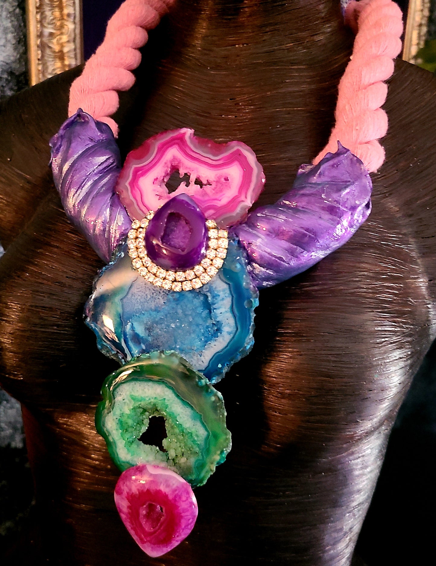 Jewel Tone Druzy Agate Sculpted Breastplate With Thick Rope