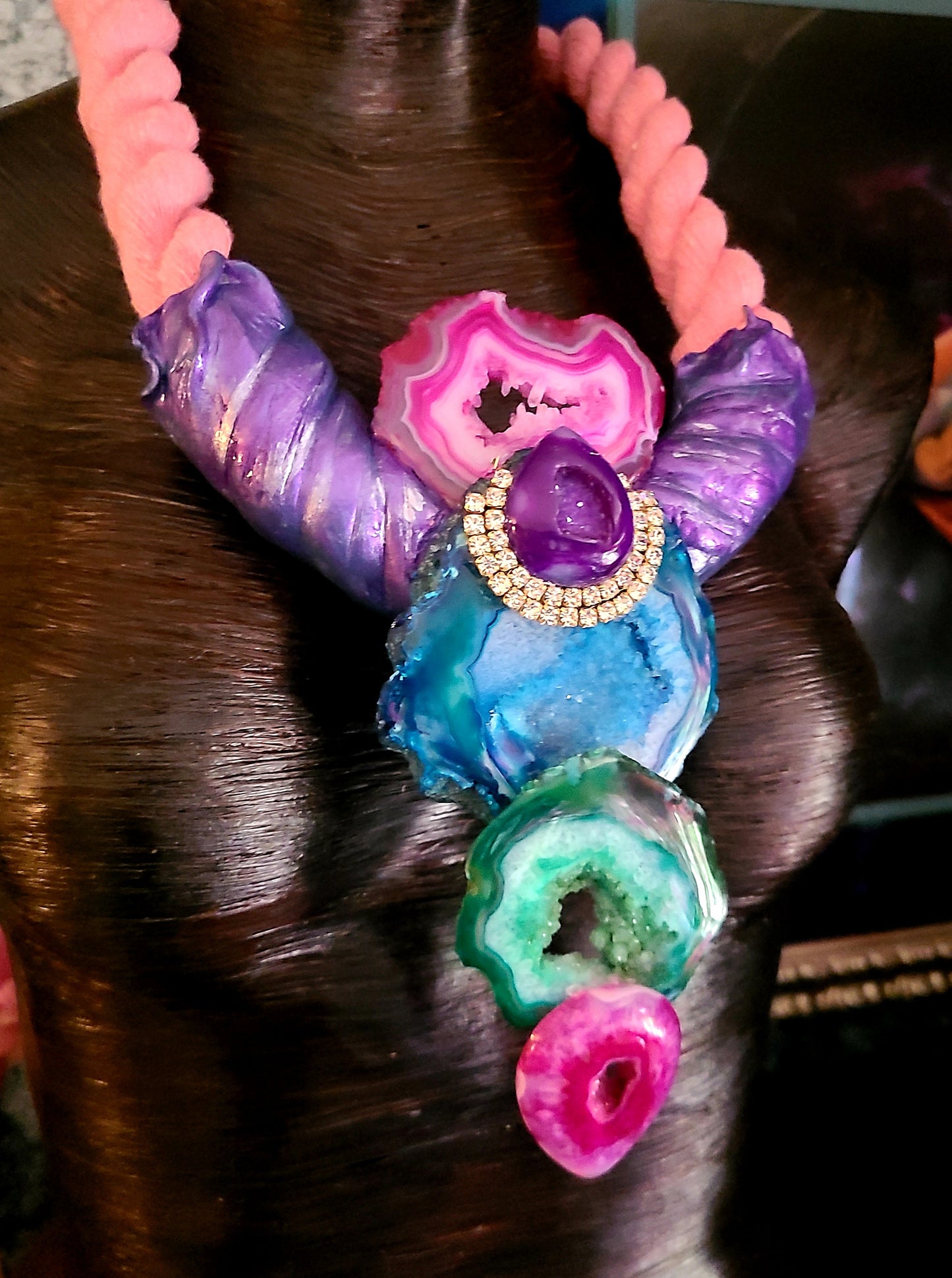 Jewel Tone Druzy Agate Sculpted Breastplate With Thick Rope