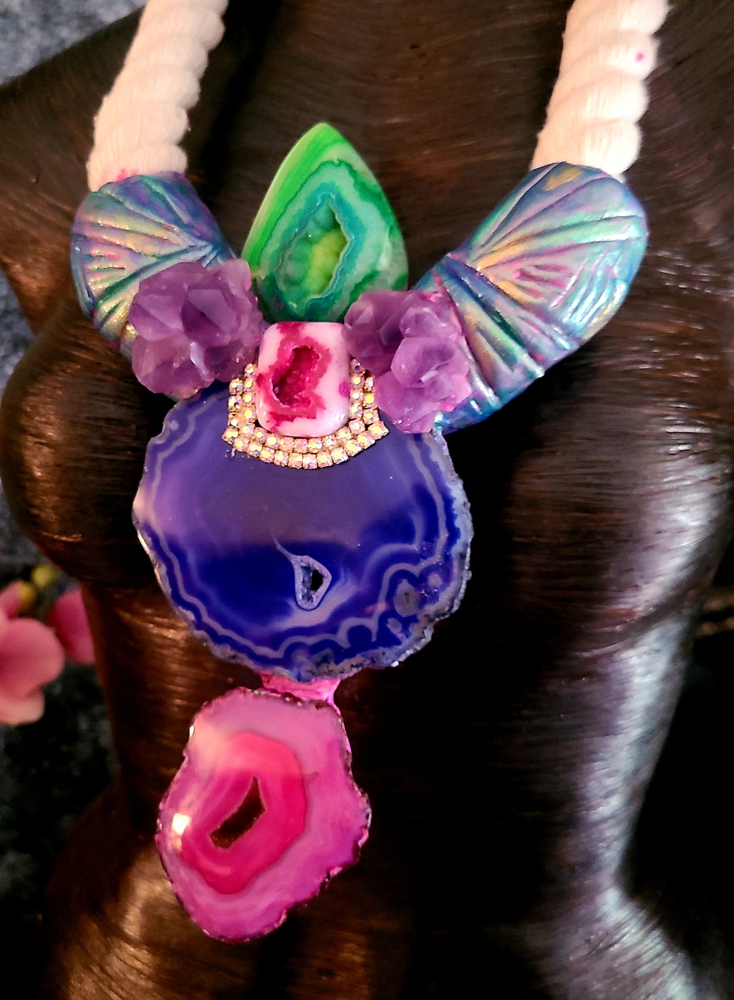 Druzy Agate Gemstone Totem Rope Pendant - Unisex Designed