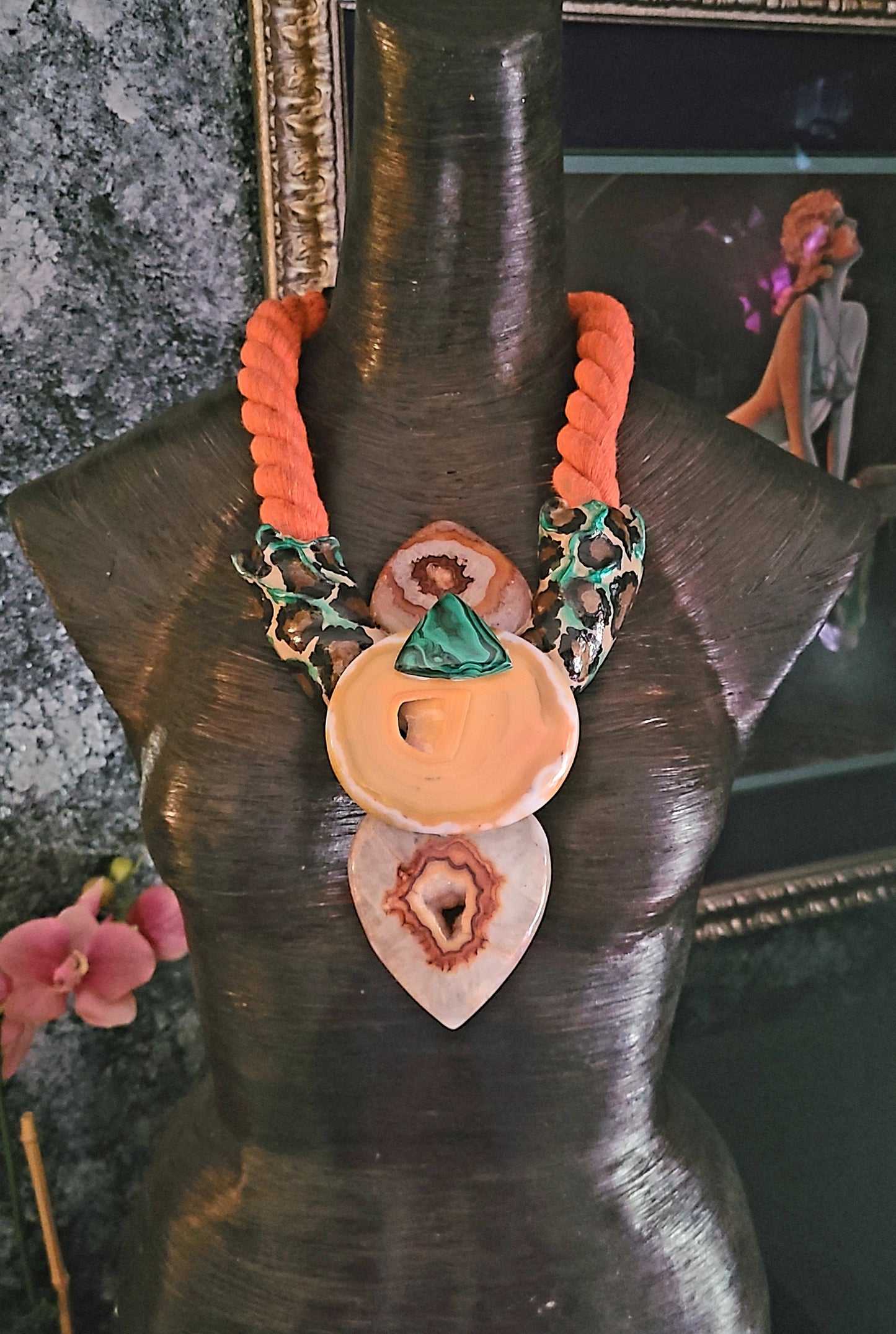 Exotic Sculpted Leopard Jungle Agate Totem On Thick Orange Rope