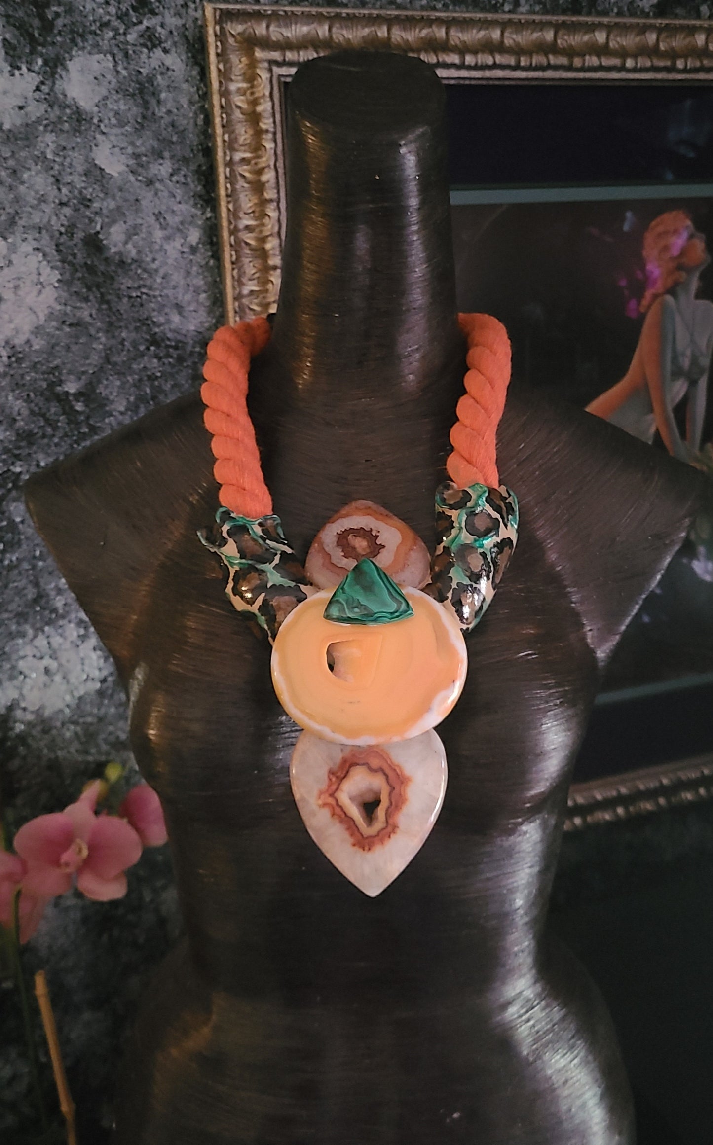 Exotic Sculpted Leopard Jungle Agate Totem On Thick Orange Rope, OO