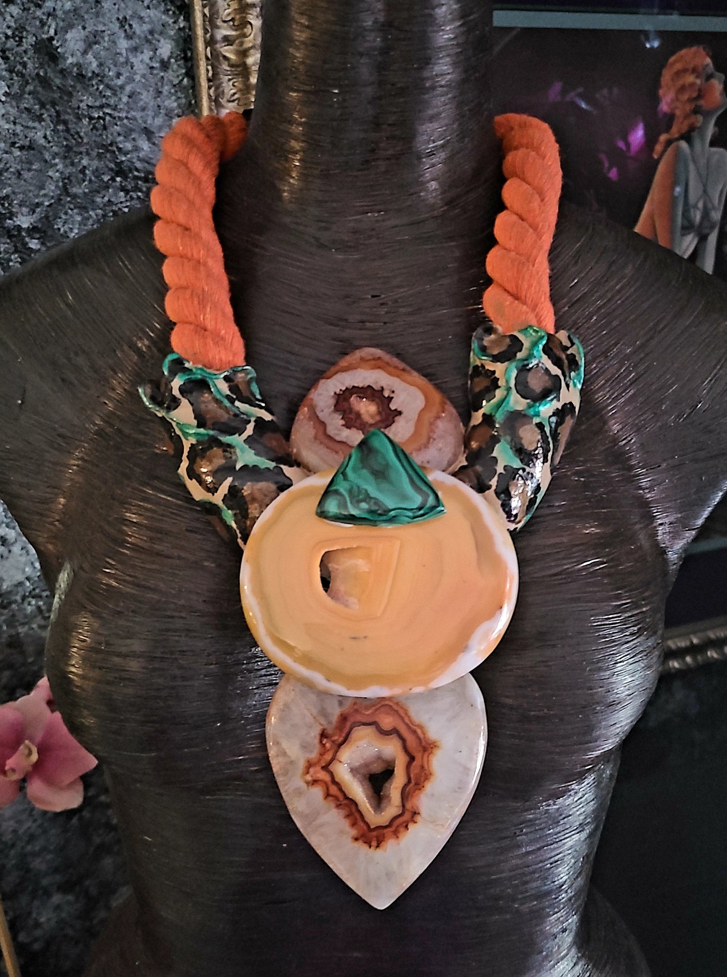 Exotic Sculpted Leopard Jungle Agate Totem On Thick Orange Rope, OO