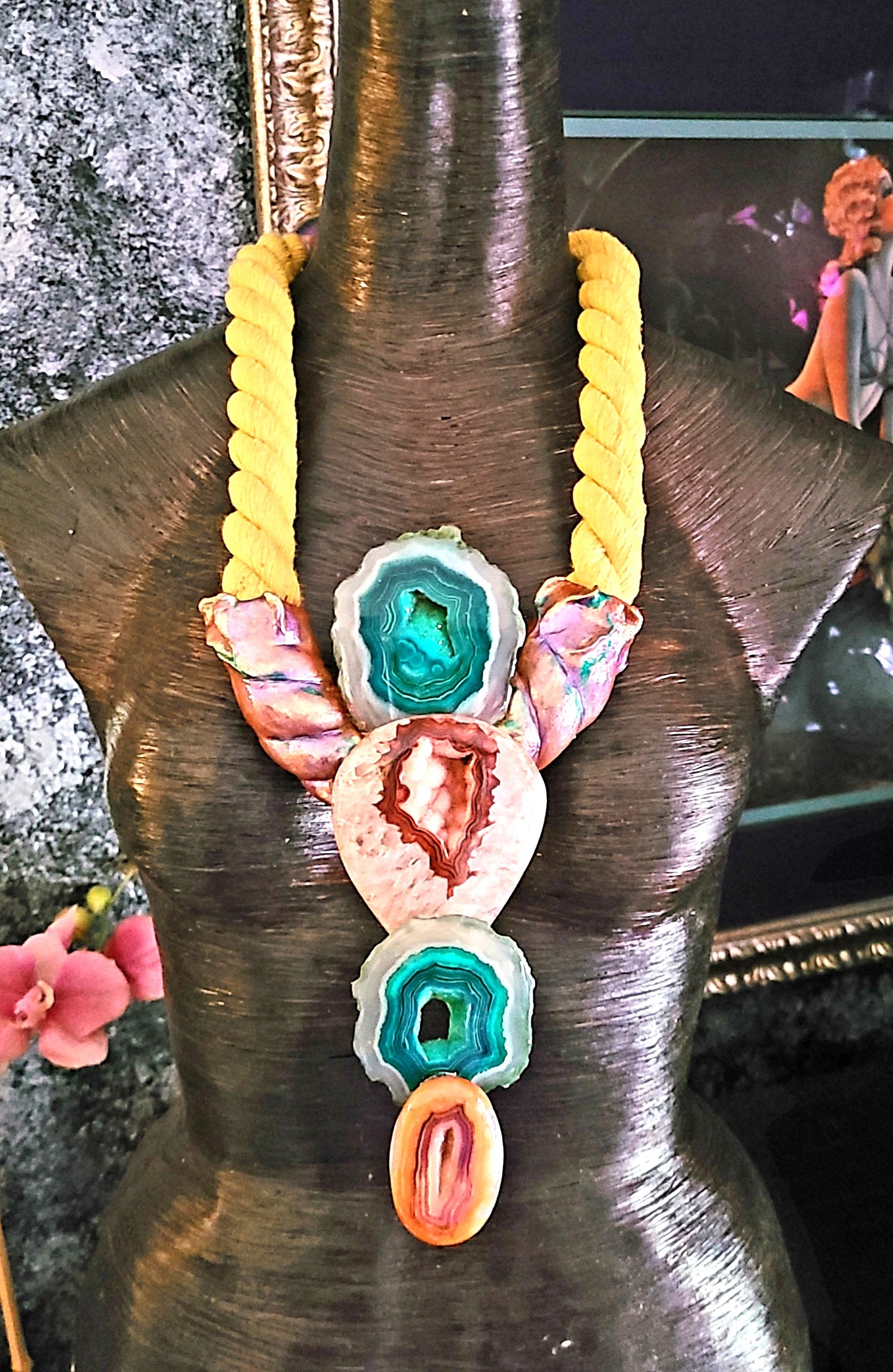 Orange Green & Brown Druzy Agate Gemstone Sculpted Unisex Breastplate