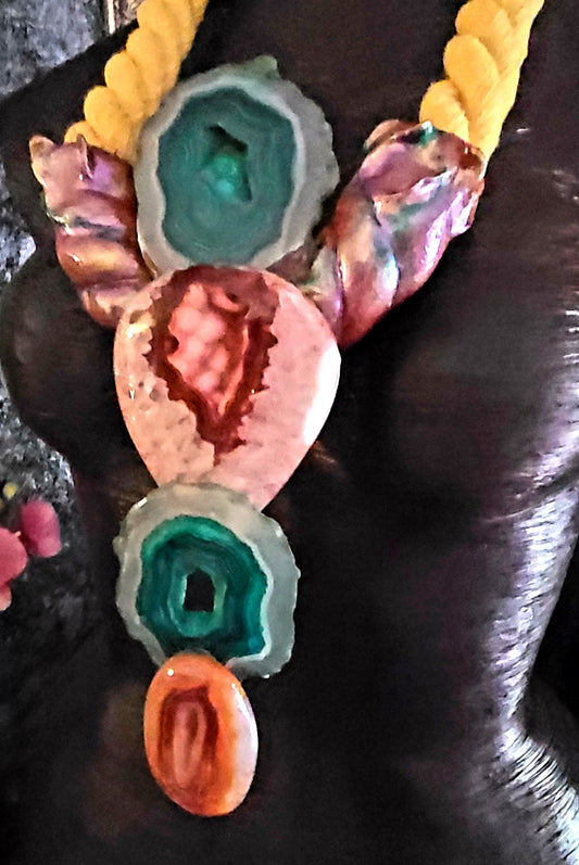 Orange Green & Brown Druzy Agate Gemstone Sculpted Unisex Breastplate