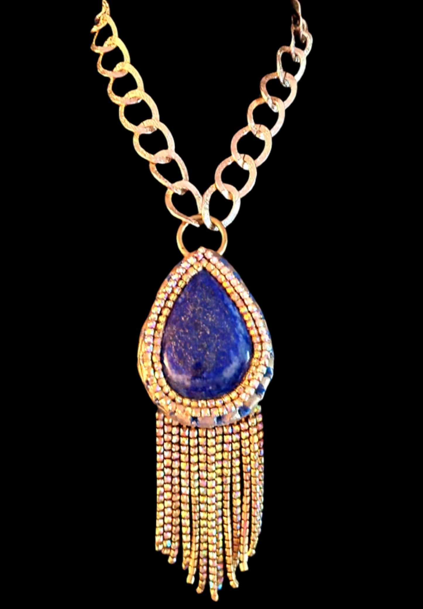 Lapis Lazuli & Rhinestone Sculpted Statement Pendant With A Bold Chain