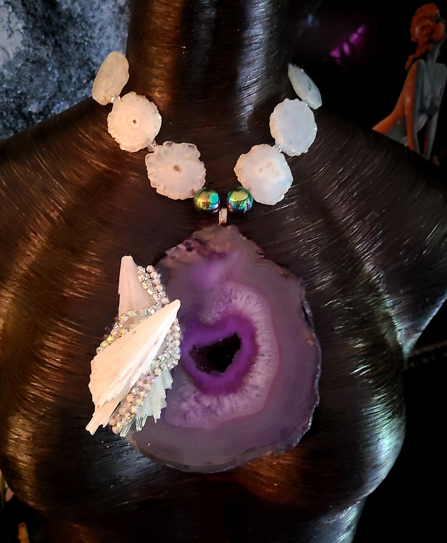 Purple Druzy Agate Scolecite & Rhinestone Statement Gemstone Pendant,