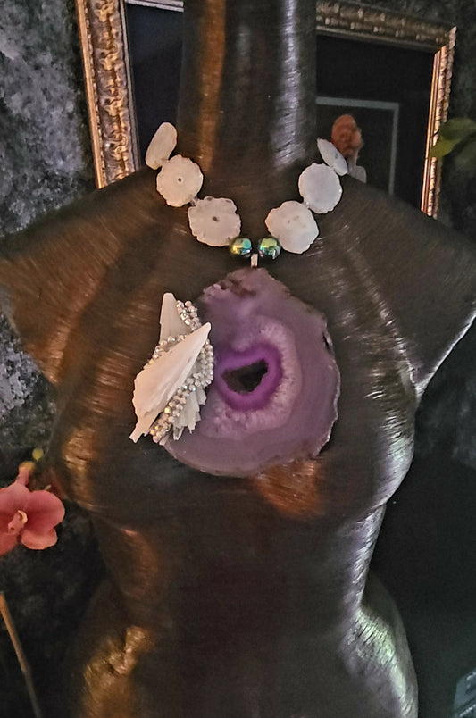 Purple Druzy Agate Scolecite & Rhinestone Statement Gemstone Pendant,