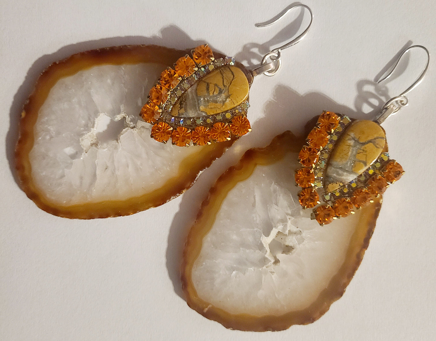 Earthy Agate Slice Jasper & Rhinestone Pierced Dangle Statement Earrin