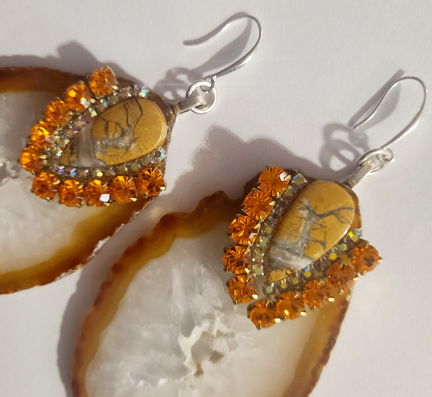 Earthy Agate Slice Jasper & Rhinestone Pierced Dangle Statement Earrin