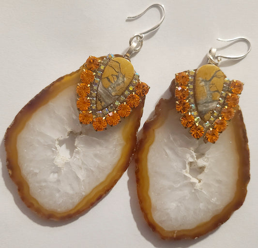 Earthy Agate Slice Jasper & Rhinestone Pierced Dangle Statement Earrin